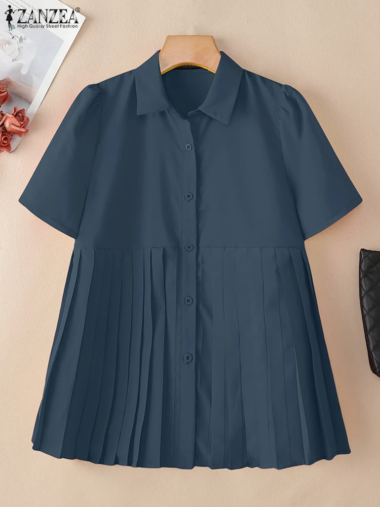 ZANZEA Summer Office Shirts Fashion Women Shirt Women Solid Pleated Blouse Female OL Work Blusas Lapel Neck Short Sleeve Tops
