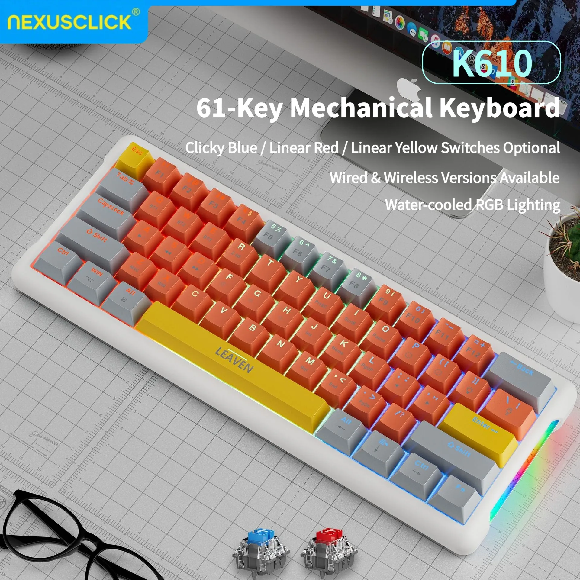 NexusClick RGB Backlit Stylish Esports Mechanical Keyboard,61 Keys Red Switch Hot Swappable,60% Mini Gaming Keycaps for Computer