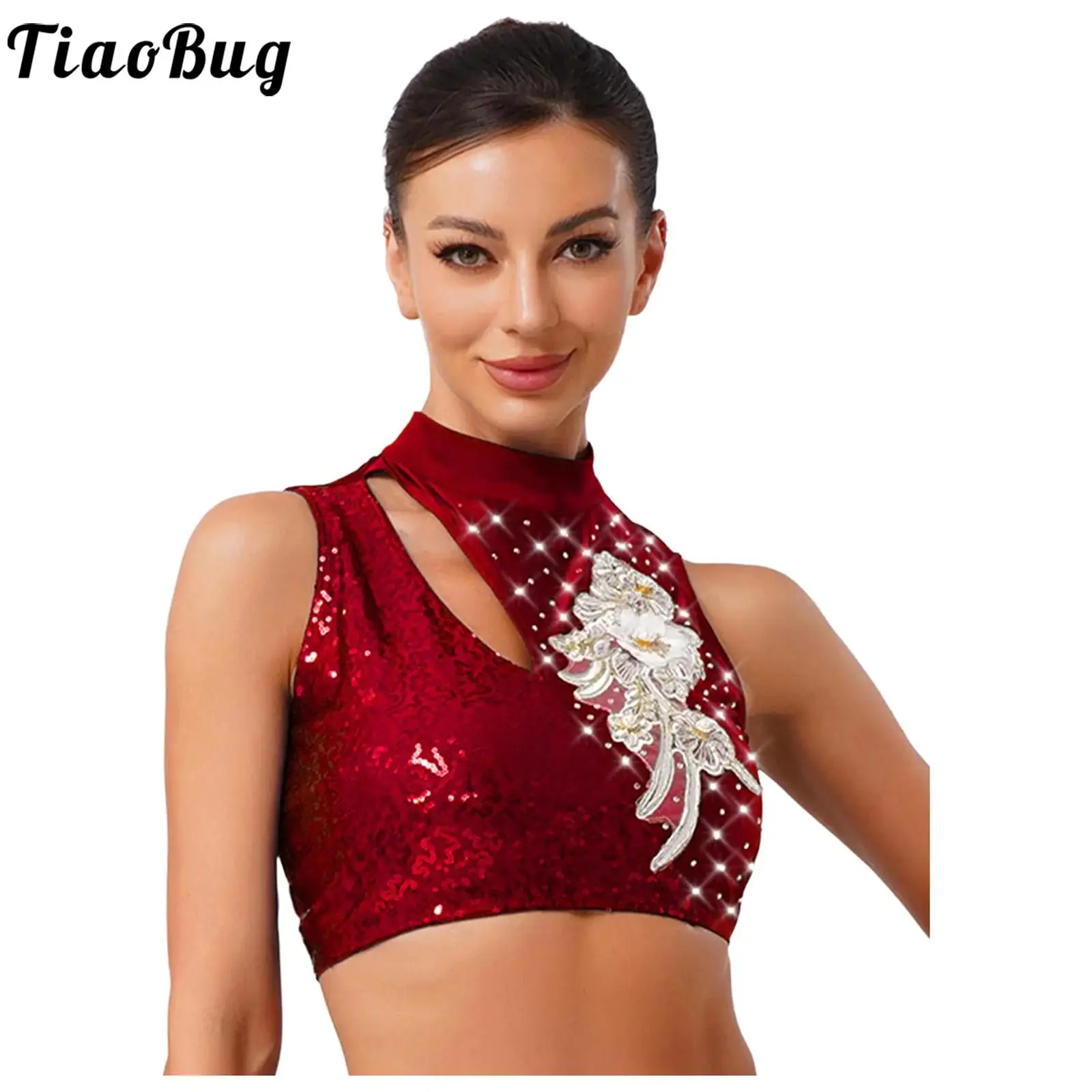 

Women Rhythmic Gymnastic Cropped Tank Top Lyrical Dance Vest Sleeveless Hollow Out Sequins Embroidery Applique Dance Costume Top
