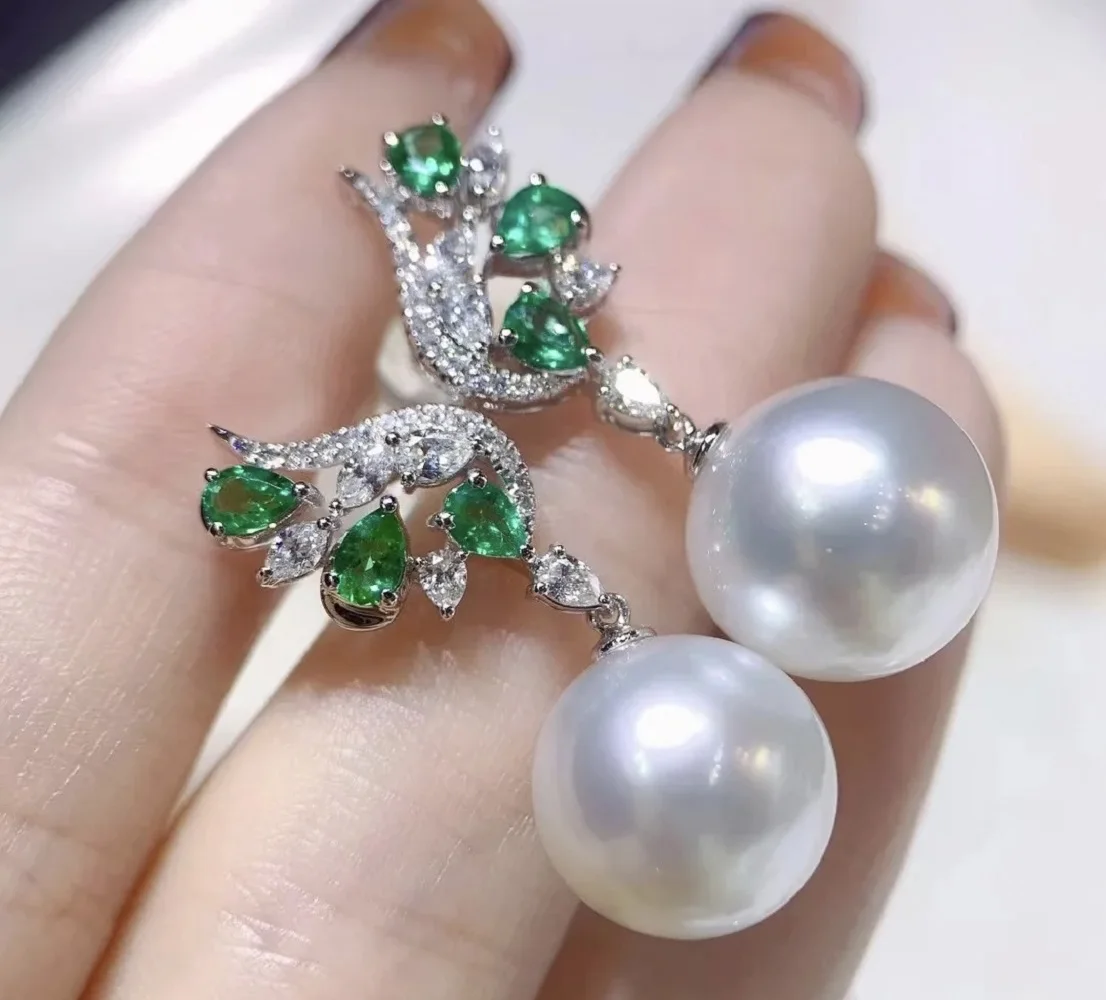 

Серьги из серебра 925 пробы с темпераментом в стиле ретро, роскошные серьги в дворцовом стиле с зеленым цирконом AAAA10-11 мм, натуральный японский белый жемчуг