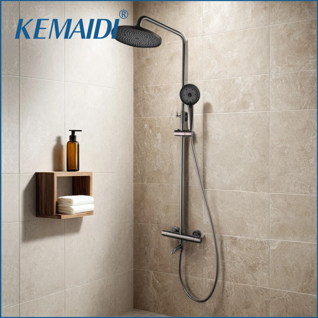 KEMAIDI Brushed Gold Thermostatic Shower Set Bathroom Shower System Bath Shower Faucet Set Square Rainfall Top Shower Faucets