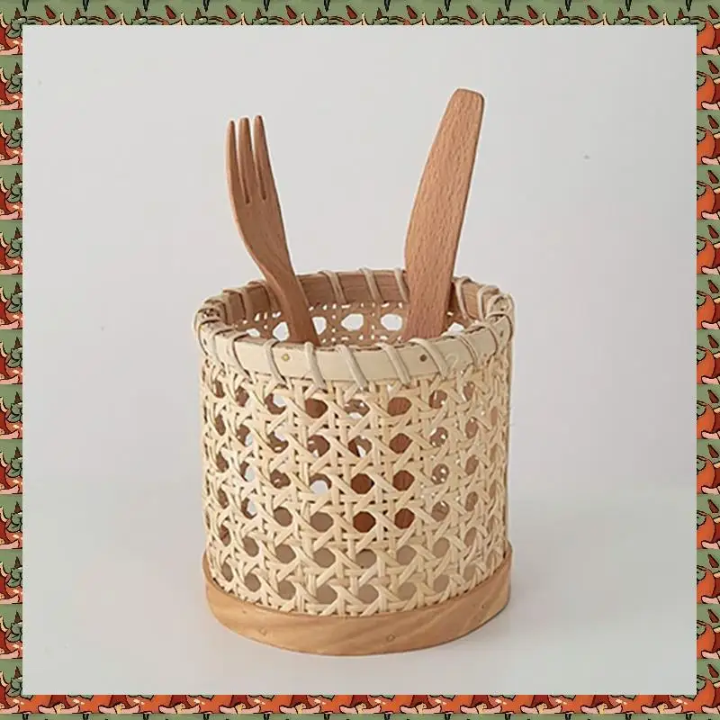 

ABLQ 4X Rattan Chopsticks Storage Handmade Spoon Organizer Holder Pen Pencils Organization Vase Support Kitchen Table Decor