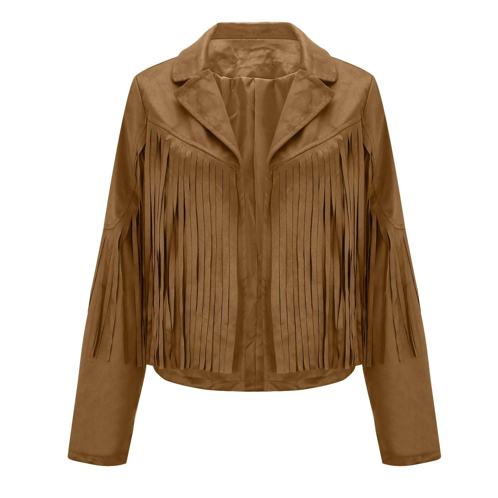 Women Fringed Hem Tassel Cardigan Crop Tops Faux Suede Leather Motorcycle Jacket Hippie Vintage Streetwear Lapel Coat