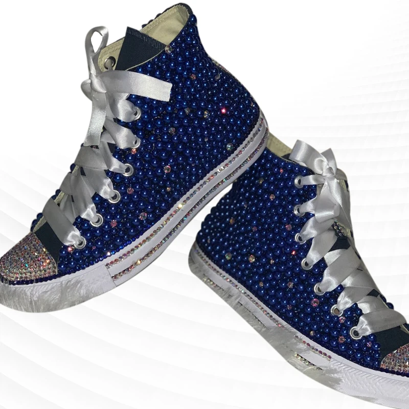 Dark Blue High Top Ribbon Canvas Shoes Comfortable Walking Sneakers Handmade Rhinestone Comfortable Vulcanized Shoes 35-46