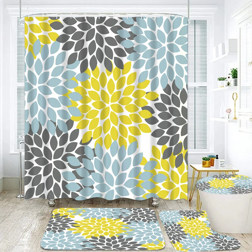 

Nordic Art Flower Print Fabric Shower Curtains Bathroom Curtain Set Flower Anti-skid Rugs Carpet Toilet Lid Cover Bath Mat Sets