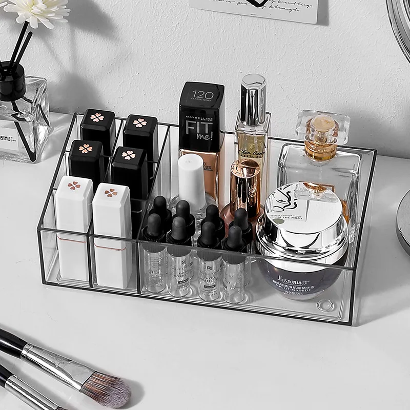 

Makeup Organizer Tray, Clear 7-CompartmentVanity Skincare Cosmetics Organizer and Storage, Cosmetic Display Case for Lipsticks
