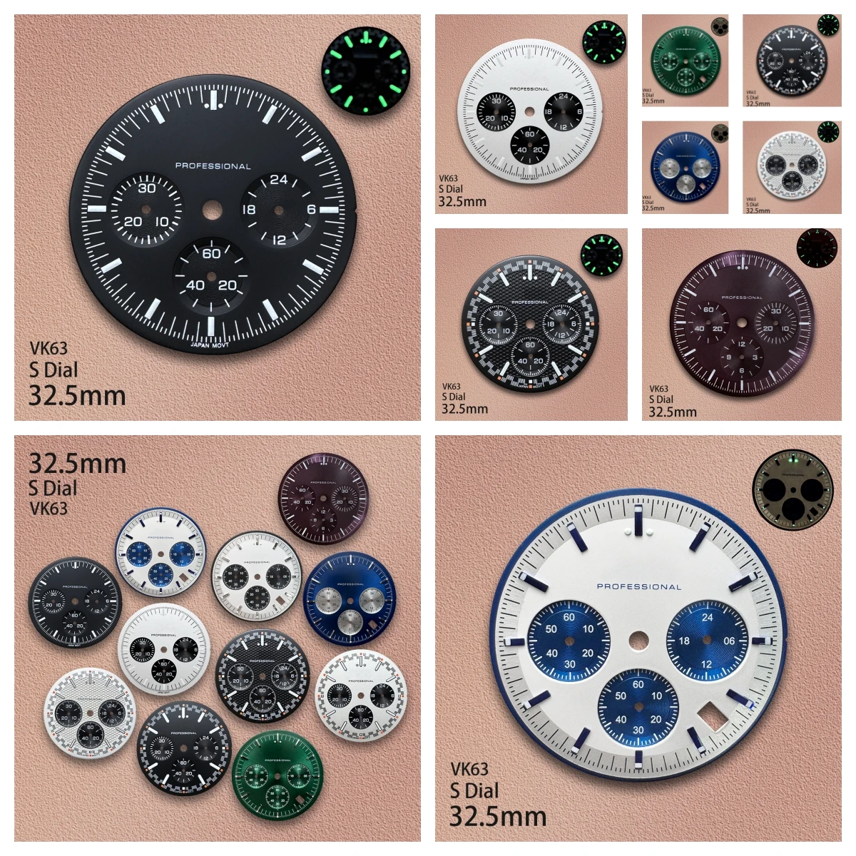 

32.5mm S Logo Dial Fit VK63 Movement Green Luminous Speed High-Quality Dial Watch Modification Accessories