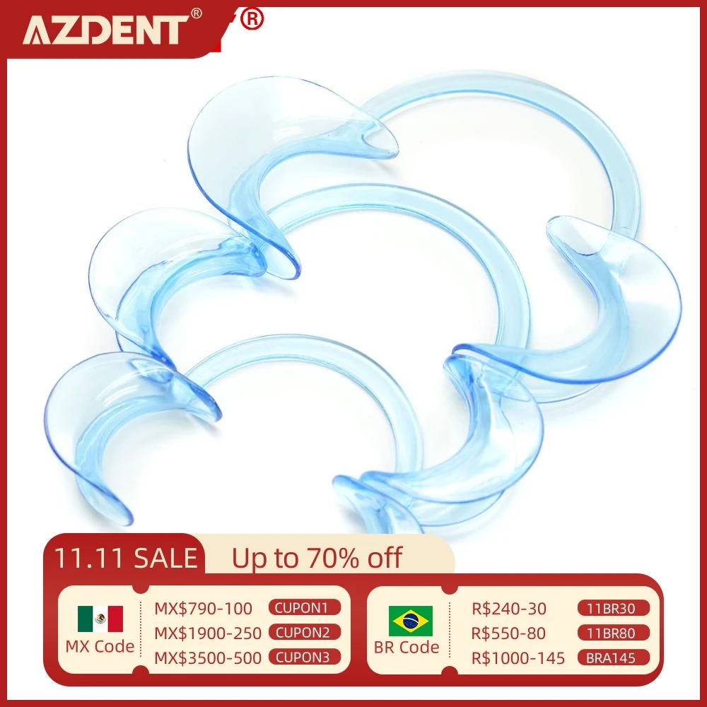 AZDENT 100Pcs C-Shape Mouth Opener Transparent Blue Teeth Whitening Intraoral Lip Cheek Retractor Tooth Tray 3 Sizes Optional