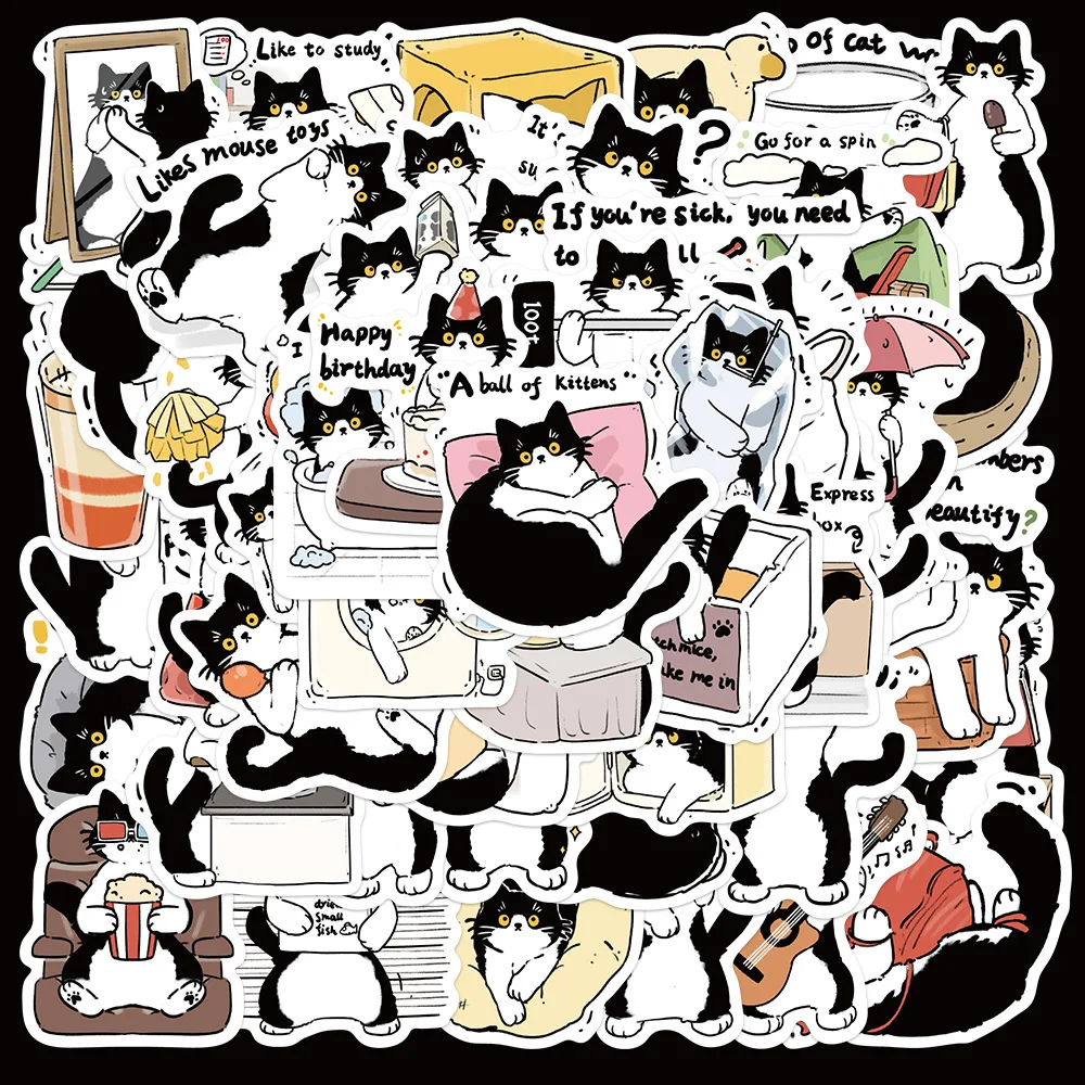 50pcs Cartoon Black And White Cow Cat Series Graffiti Stickers For Helmet Desktop Wall Decoration DIY Stickers