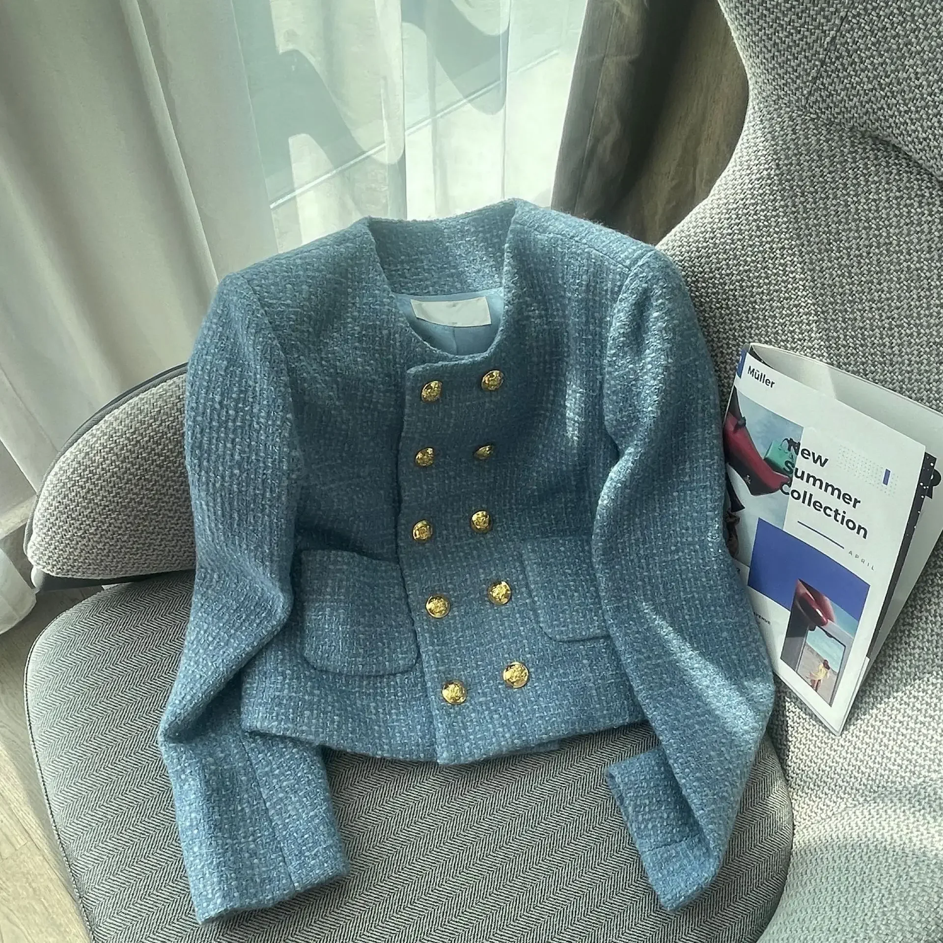 New Haze blue double breasted tweed coat gold button women's short coat