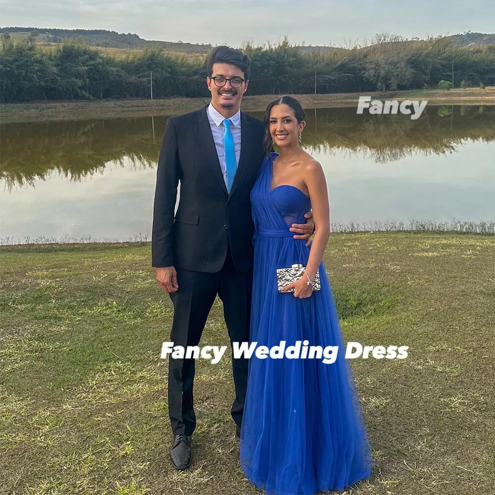 

Fancy Elegant Blue Evening Dress Saudi Arabia A Line Soft Tulle Prom Gown One Shoulder Floor Length Customized