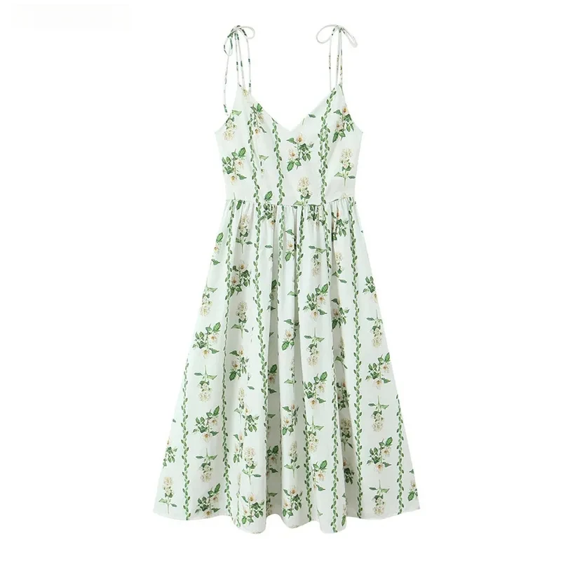 

Retro French Style Green Floral Print Bandage Spaghetti Strap Midi Dress Women V neck Bow Lacing Up Sling Dresses Robe Vestido
