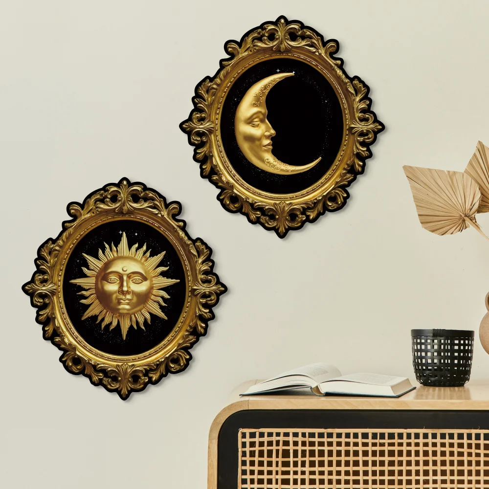 1set 2D Flat Wooden Sun Moon Wall Space Decorative Picture Wall Hangings Panel Code Family Coffee Shop Bar Wall Decor Gifts