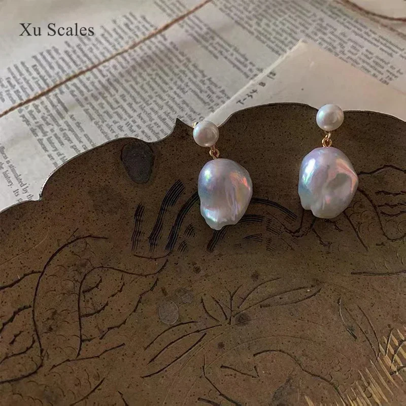 Baroque 15-25mm Natural Freshwater Shaped Pearl Retro Irregular Double Beaded Earrings Temperament Premium Women\'s Jewelry Gift