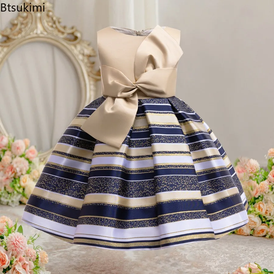 Christmas Bow Stripe Sleeveless Dress Elegant Birthday Party Princess Girl Dress Children Formal Events Costume Banquet Dress