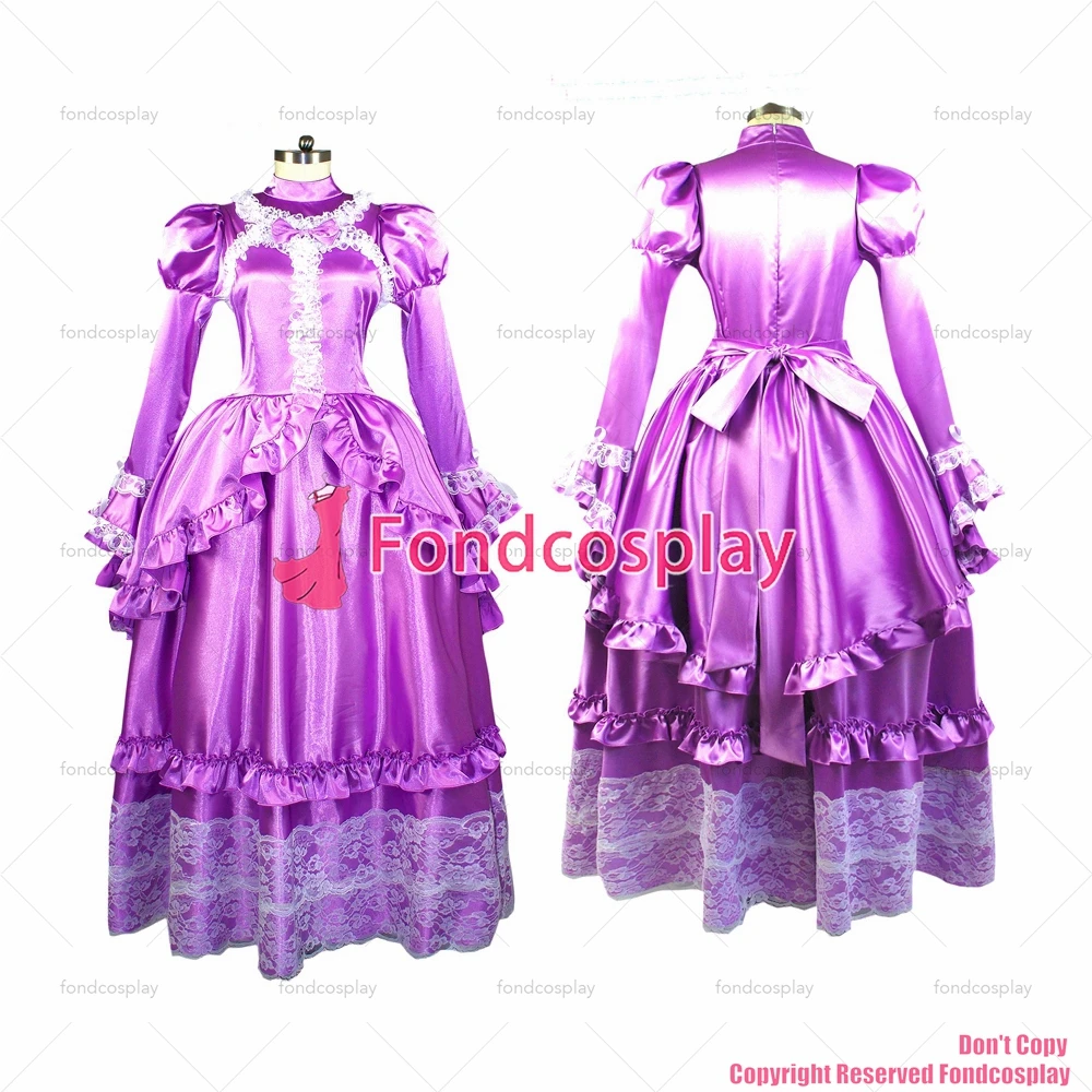 fondcosplay adult sexy cross dressing sissy maid long Purple satin dress lockable Uniform CD/TV[G1065]