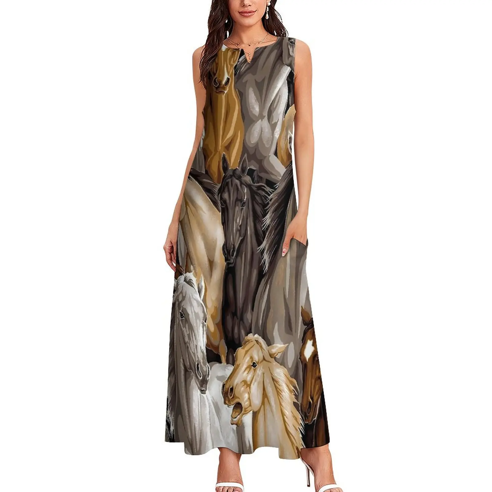 Horse Collage Dress Animal Print Sexy Maxi Dress Sleeveless Graphic Bohemia Long Dresses Aesthetic Oversized Vestido