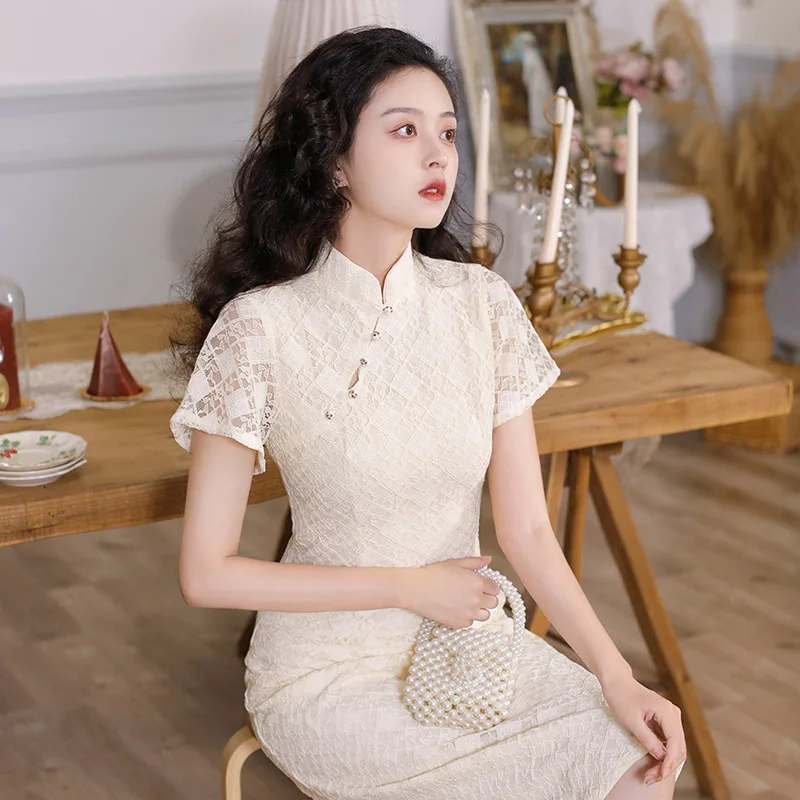 New Fashion Lace Cheongsam Mid-Length Double Layer Improved Slim-Fitting Daily Banquet National Style Dress