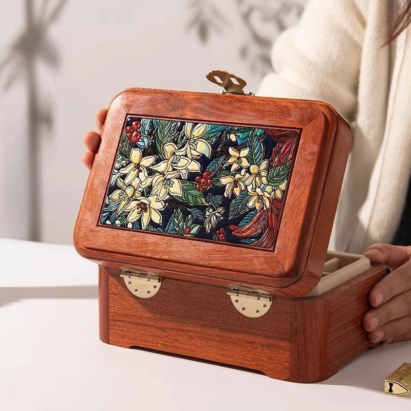 

Natural Rosewood Jewelry Box Solid Wood Exquisite Chinese Style Red Wood Storage Box with Lock Vintage Light Luxury Wedding Gift