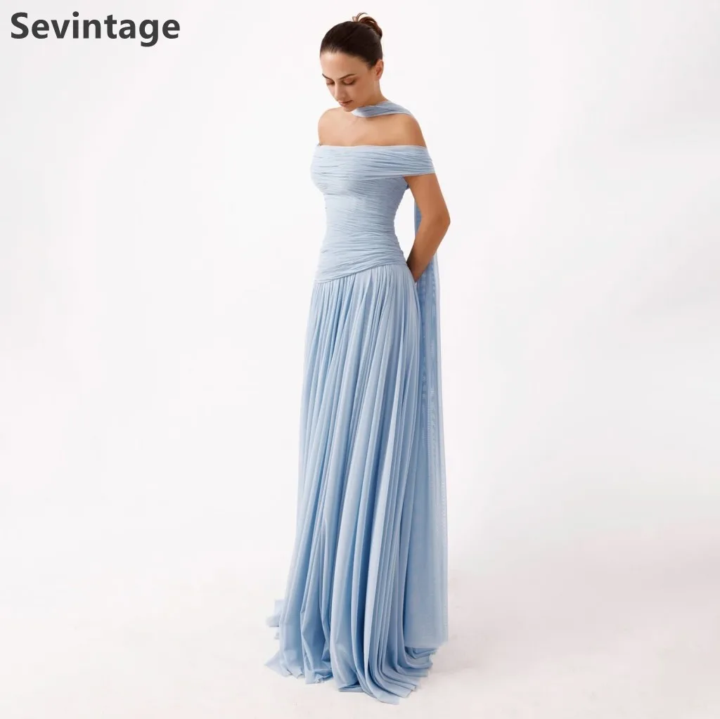 

Sevintage 2025 Sky Blue Chiffon Maxi Evening Dress Off Shoulder A Line Wedding Formal Prom Dress Dubai Party Gown Robe de soiree