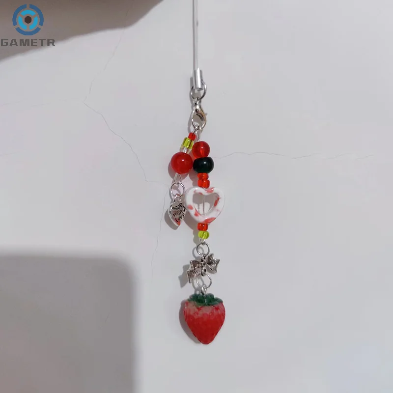 Unique Sweet Strawberry Phone Charms Pendant Cute Bow Heart Beaded Keychain Camera Schoolbag Decoration Accessories Gifts