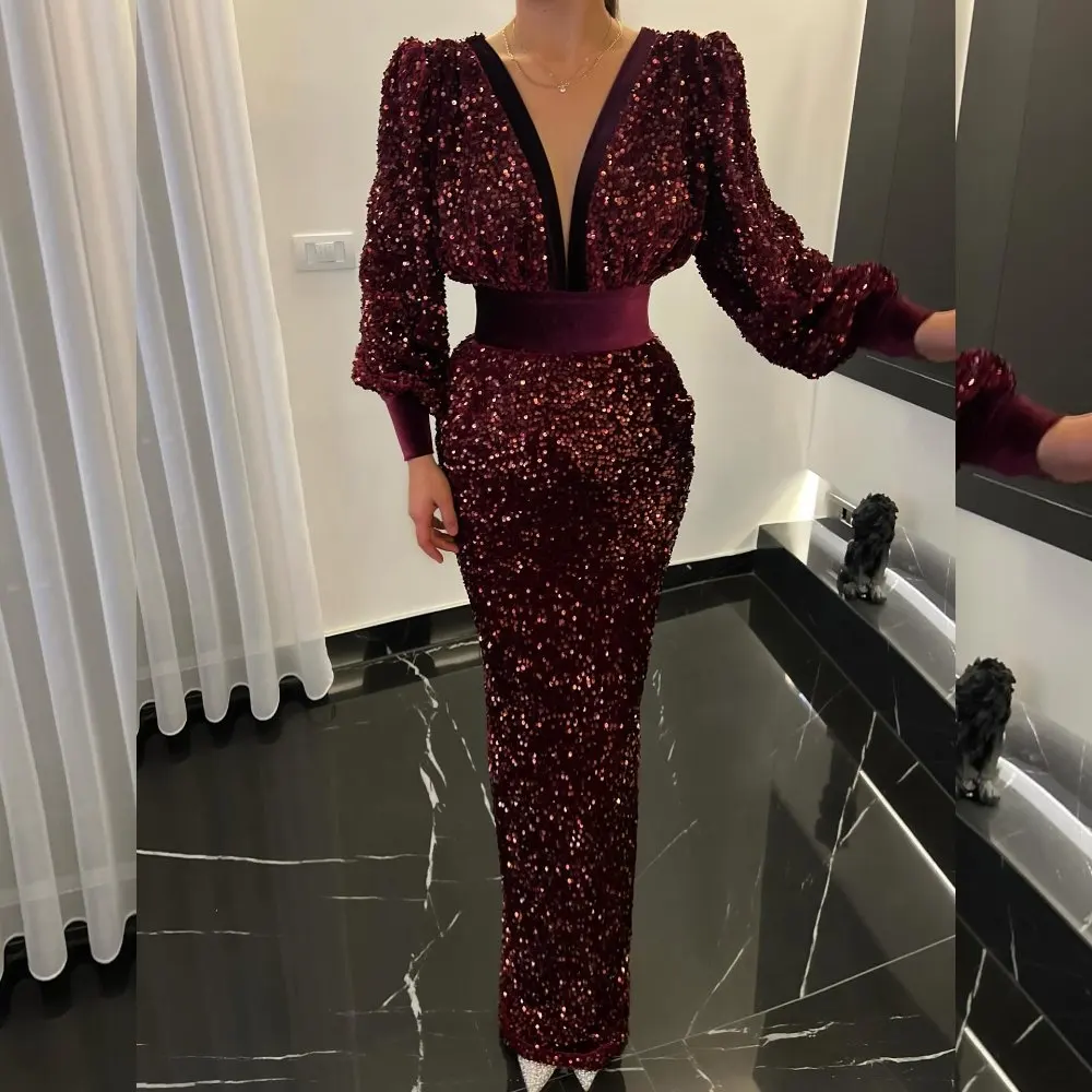 

2026 Red‑Burgundy Sequin Cocktail Dress Fish‑Tail Silhouette, Velvet‑Trimmed Puff Sleeves High‑Waist Belt Trending Formal Wear