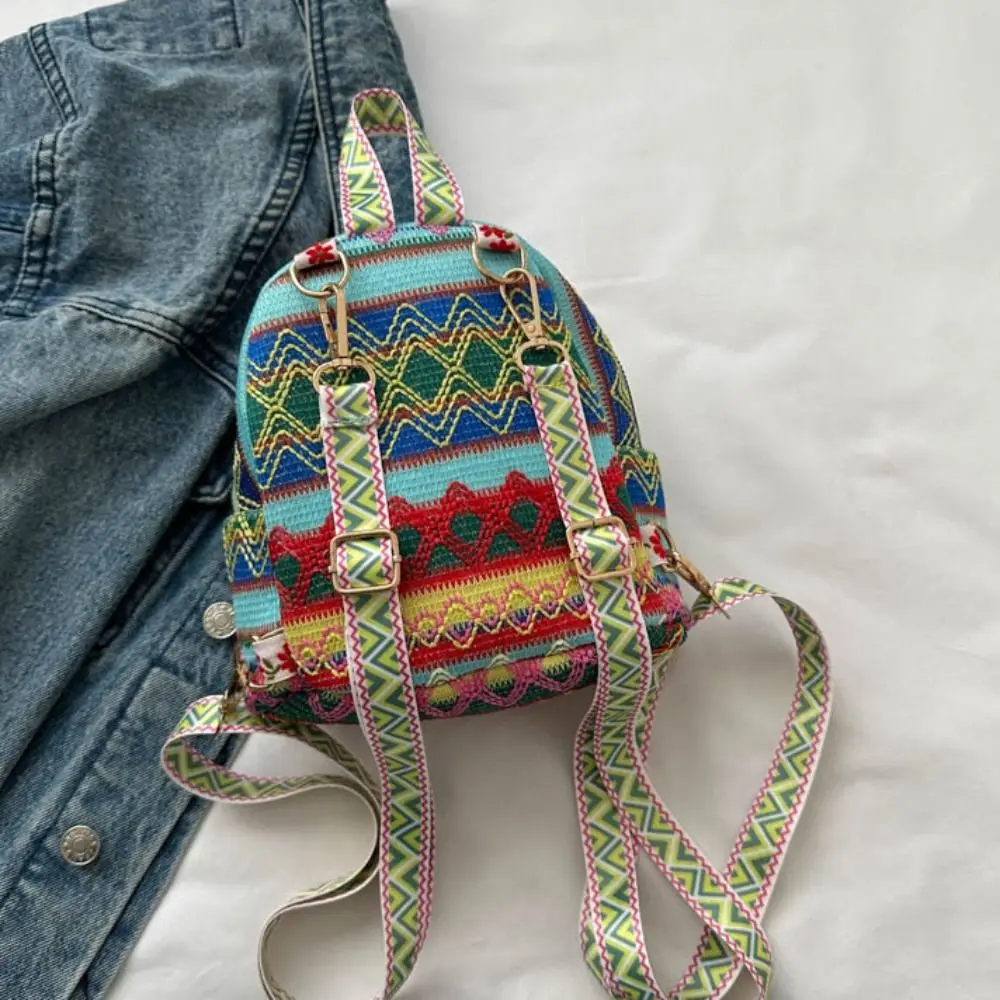 Embroidery Ethnic Style Tassel Backpack Stripe Small School Bag Canvas Tassel Shoulder Bag Large Capacity Outdoor Travel Bag