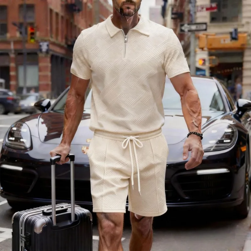 

Men's 2 Piece Knit Polo Set Short Sleeve Quarter Zip Top and Drawstring Shorts Casual Summer Matching Outfit
