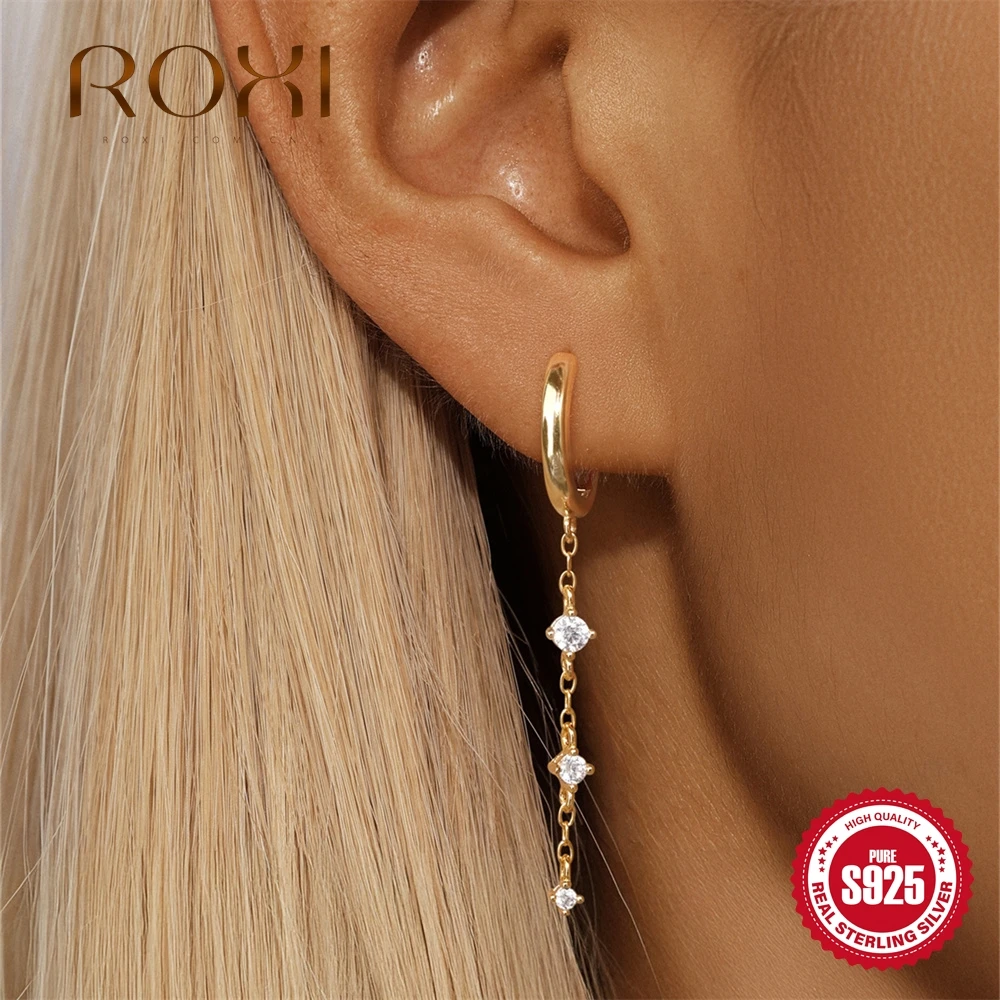 

ROXI S925 Sterling Silver Four Claws Zircon Chain Tassel Earrings For Woman Fashion Piercing Earring Luxury High Quality