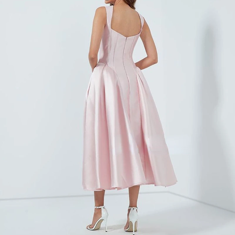 Customized Sweet Korean Moda Aling Sleeveless Princessess Gown Slim Waist Fashion Pleated Ball Gown Luxury Satin A-line Mid-lenf