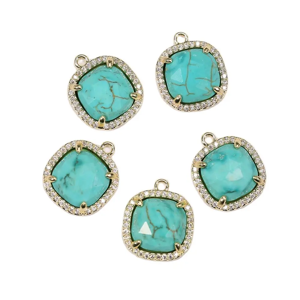 

APDGG 5Pcs Natural Blue Turquoises Faceted Square Shape CZ Paved Pendant Charms For Necklace Earrings Jewelry Making DIY