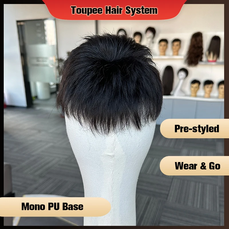 Human Hair System Pre-Cut Mono Base Toupee For Men Unit Ready To Wear PU Wigs For Men Durable Male Hair Prosthesis Men\'s Wigs