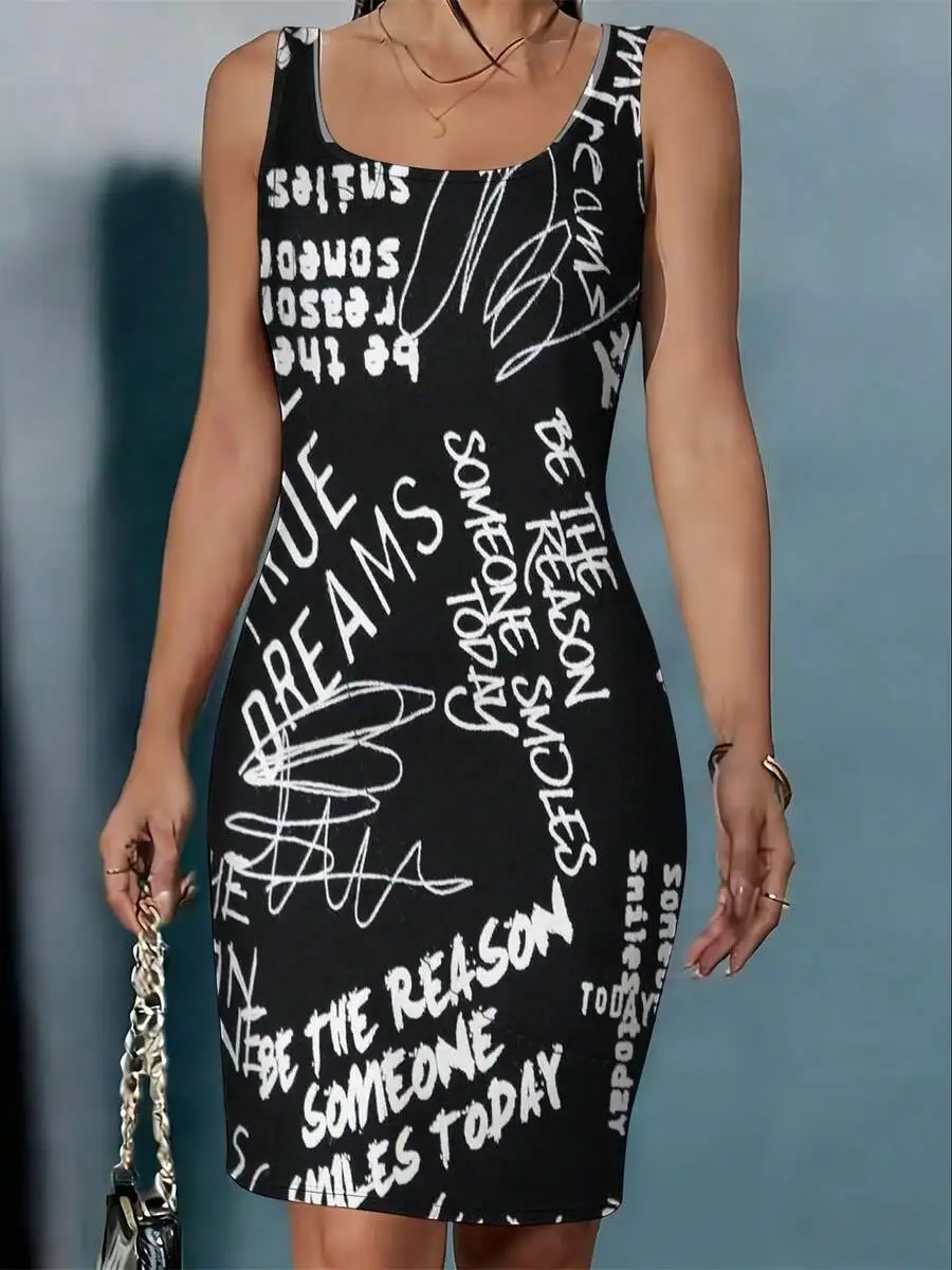 

Womens Round Neck Sleeveless Printed Bodycon Dress Be The Reason Someone Smiles Today True Dreams