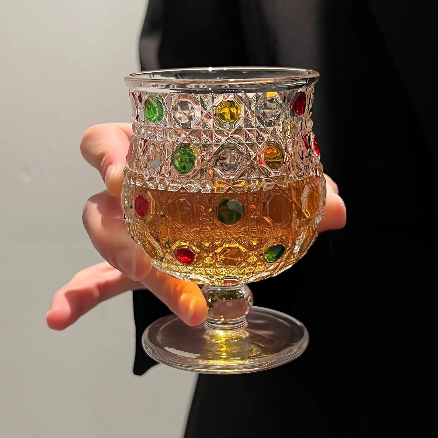 Niche Retro Painted Glass Cup High Appearance Gem Pattern Low Foot Juice Cup Small Capacity Sweet Wine Glass