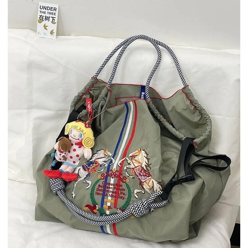 Ball&Chain Embroidery Handbag Cartoon Large Capacity Crossbody Shoulder Bags Nylon Canvas Commuting Shopping Bag Girls Gifts