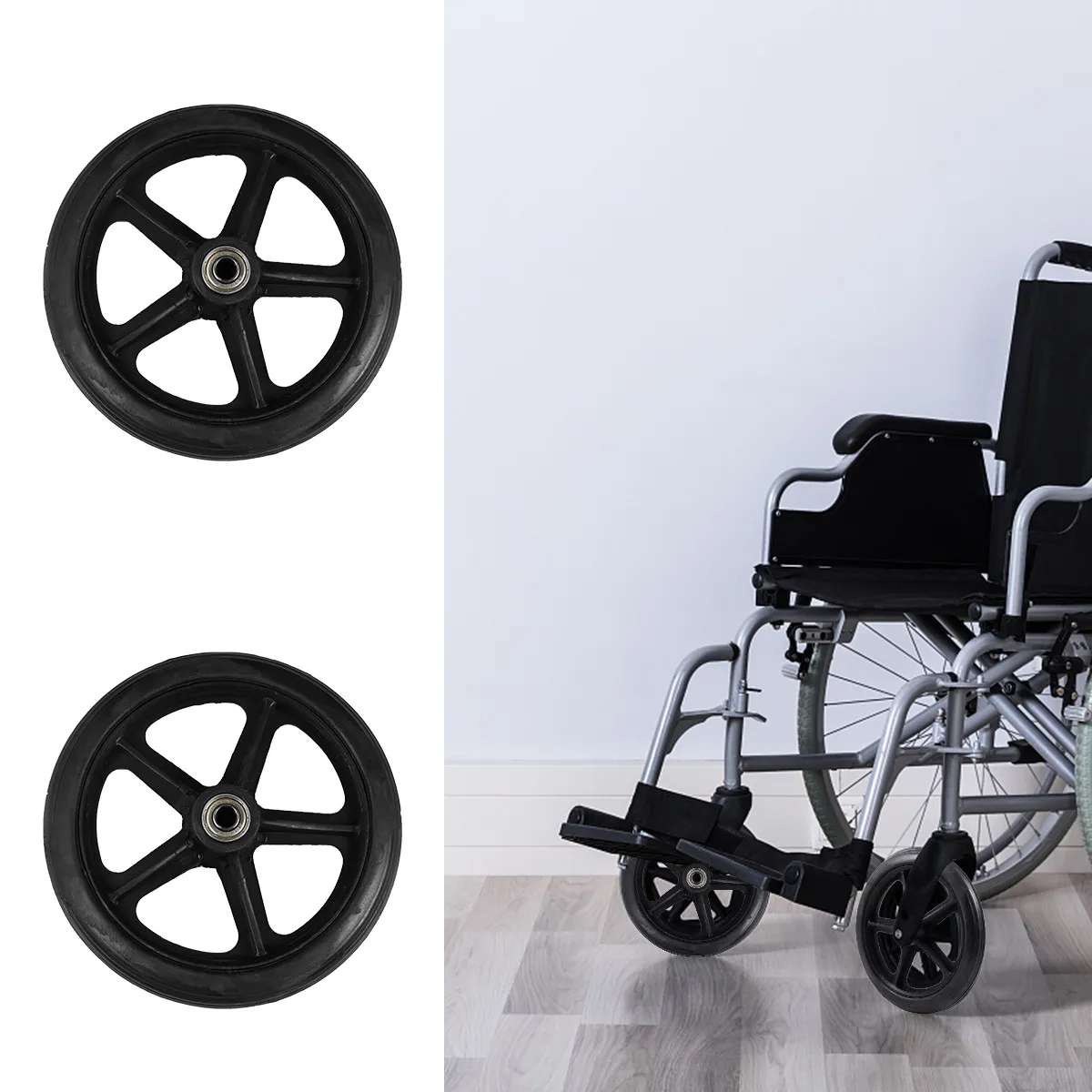 

Комплект из 2-х передних колес для инвалидной коляски, 7 дюймов, цельнолитые шины, высокая нагрузочная способность, аксессуары для ручных инвалидных колясок, запасные колеса в сборе