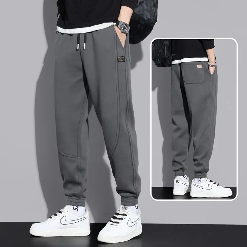 Casual Sweatpants Men Young Style Autumn Winter Plus Fleece Motion Solid Color Loose Bright Line Decoration High Street Trousers