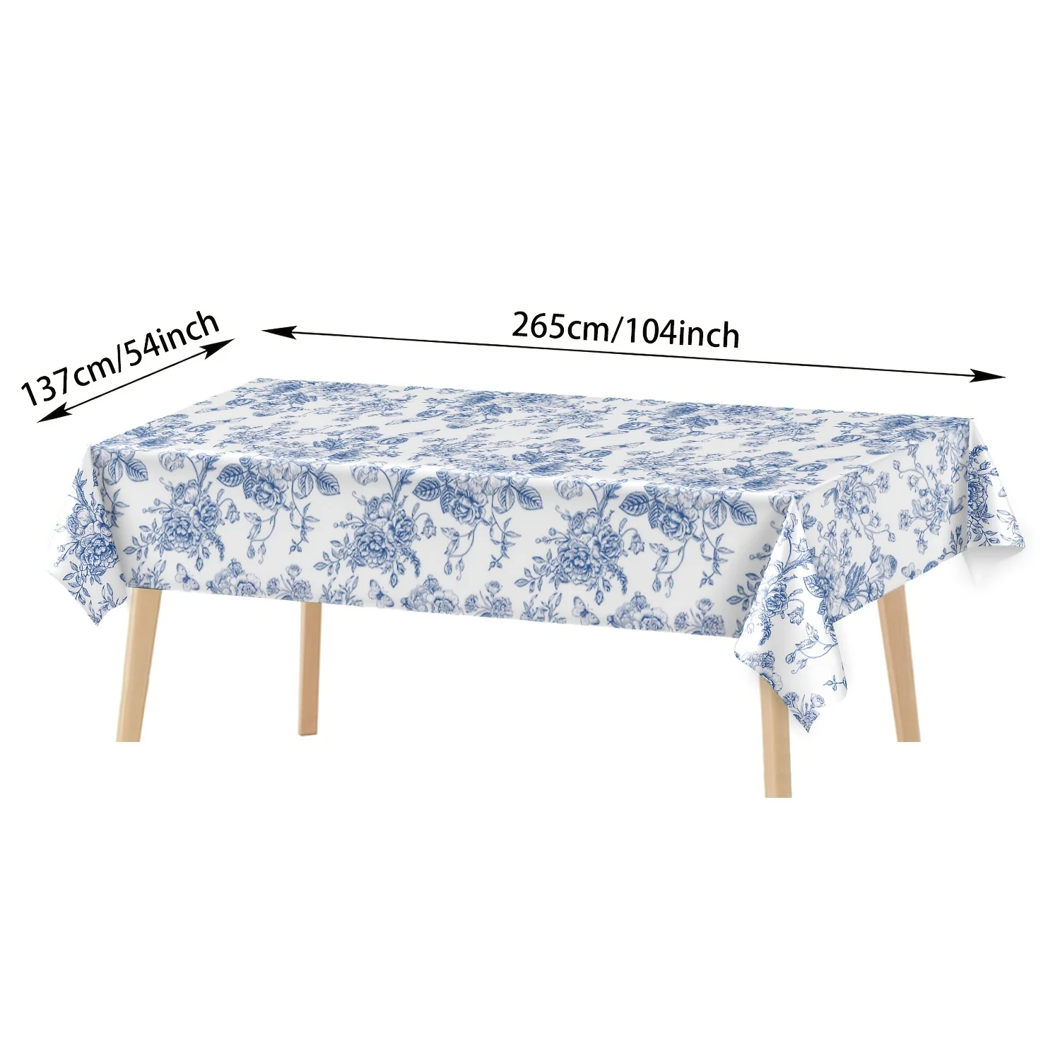 Blue Floral Toile Tablecloth Disposable 137x264cm Vintage Rose Print for Wedding Tea Party Decor Waterproof Easy Clean Classic