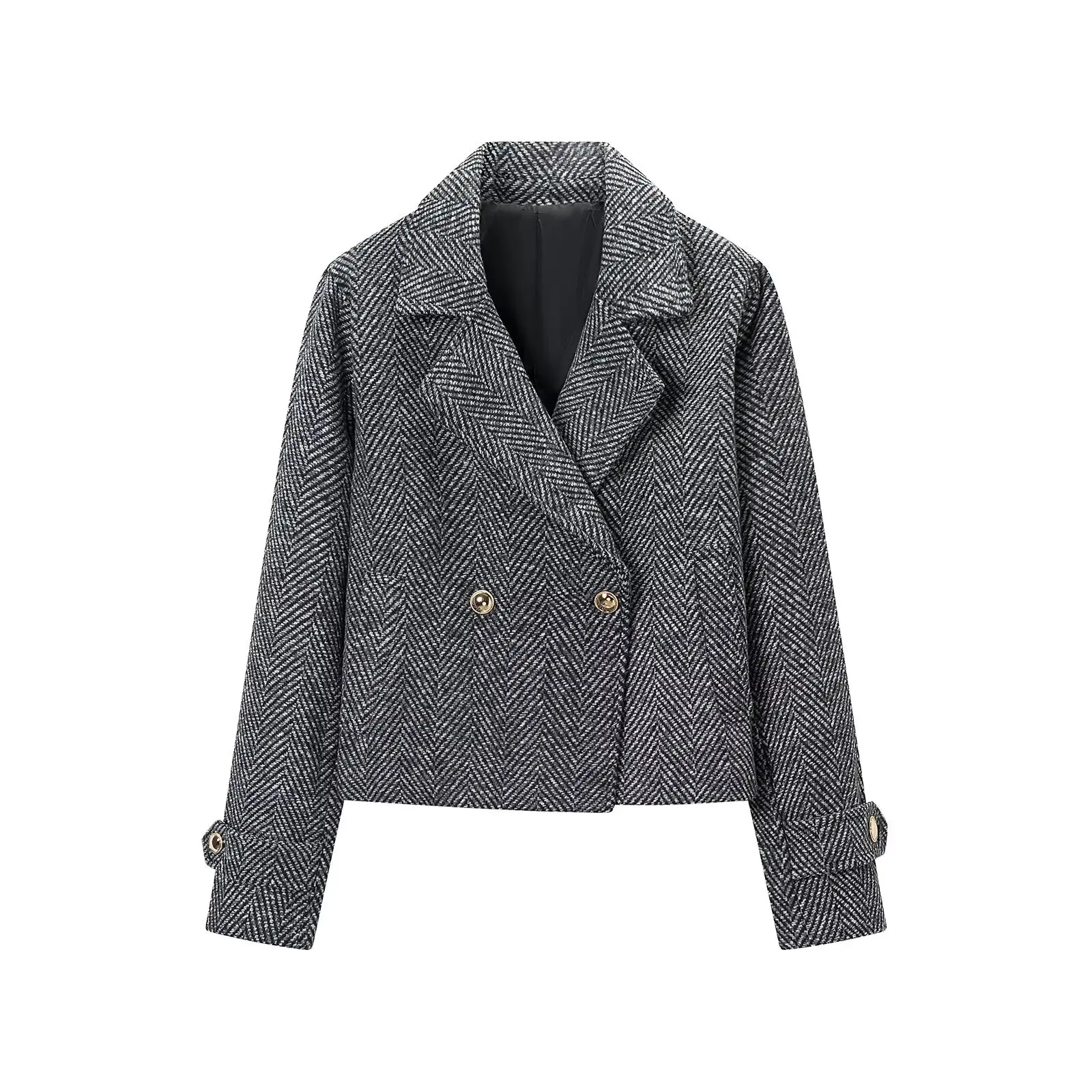 Women Gray Black Herringbon Woolen Blazers Autumn Winter Female Double-Breasted Coats Lady Loose Long Sleeve Suit Short Jackets