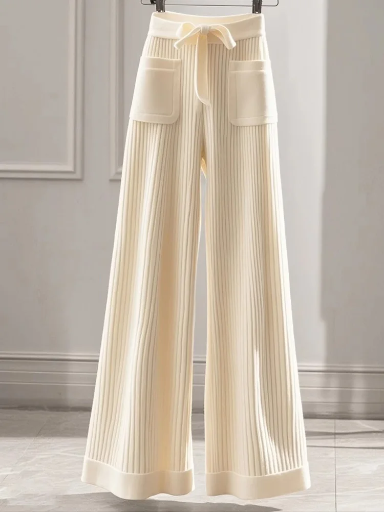Pantaloni eleganti in maglia dolce da donna tasche larghe alla moda pantaloni a vita alta casual da donna autunno inverno pantaloni chic a gamba larga con lacci