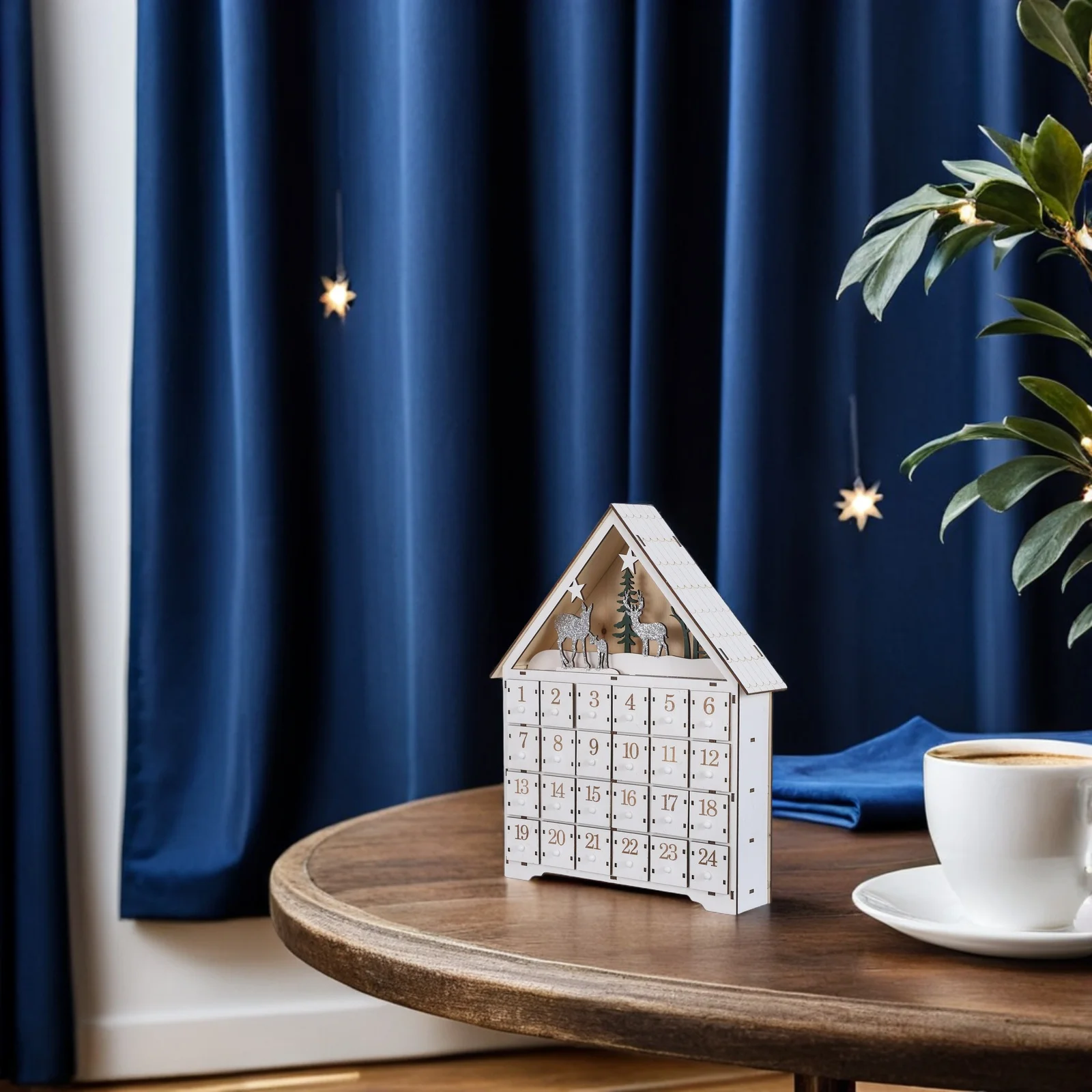 

Christmas Wooden Advent Calendar Shape 24 Refillable Drawers Led Reindeer Decoration Holiday Countdown Decor For