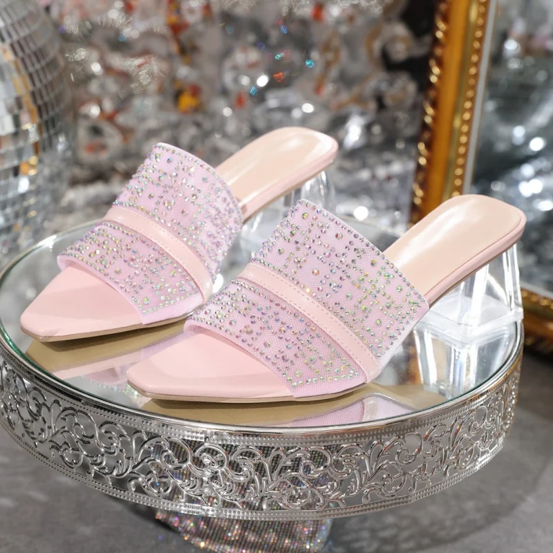 

Women's Small Square-Toe Crystal Heel Chunky Heel Sandals 2026 Spring/Summer New Rhinestone Transparent Mid-Heel High-Heel Sanda