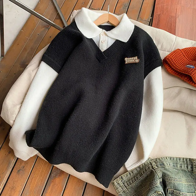 

Мужской вязаный свитер большого размера 300 Pou, осенне-зимний, имитация двухслойности, в университетском стиле, с длинным рукавом, повседневный топ