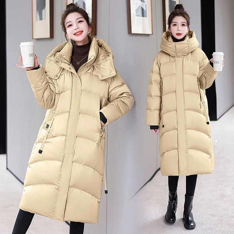 Chaqueta larga de plumón de ganso blanco para mujer, chaqueta cálida, diseño suelto con capucha, Parkas casuales de temperamento, invierno, nuevo,