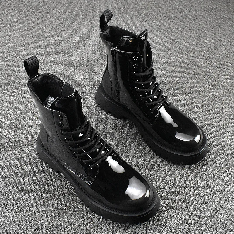 mens fashion patent leather boots black trend platform shoes stage nightclub dress motorcycle boot high top cowboy botas zapatos