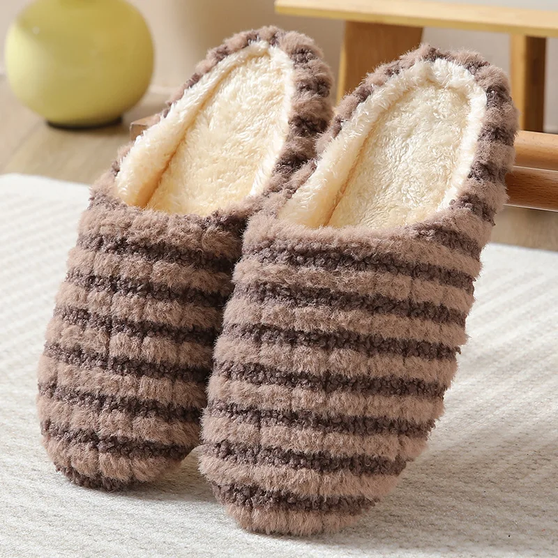 Home Slippers Winter Women Men Indoor Slipper Striped Soft Bottom Warm Cotton Shoes Woman Slip-On Slides for Bedroom House