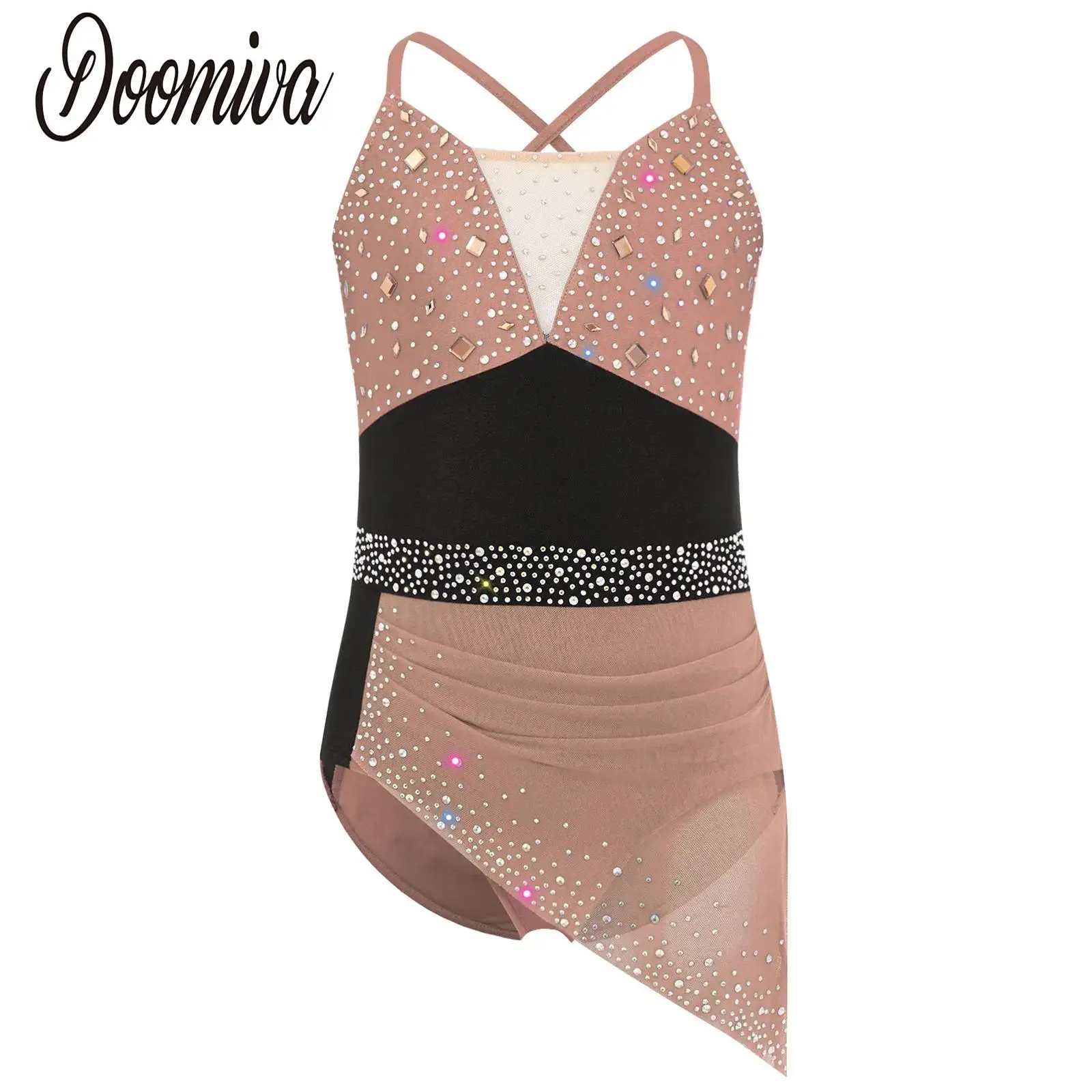 

Kids Girls Ballet Jersey Leotards Figure Skating Lyrical Dance Costume Sleeveless Rhinestones Mesh Skirted Leotard Gymnastics