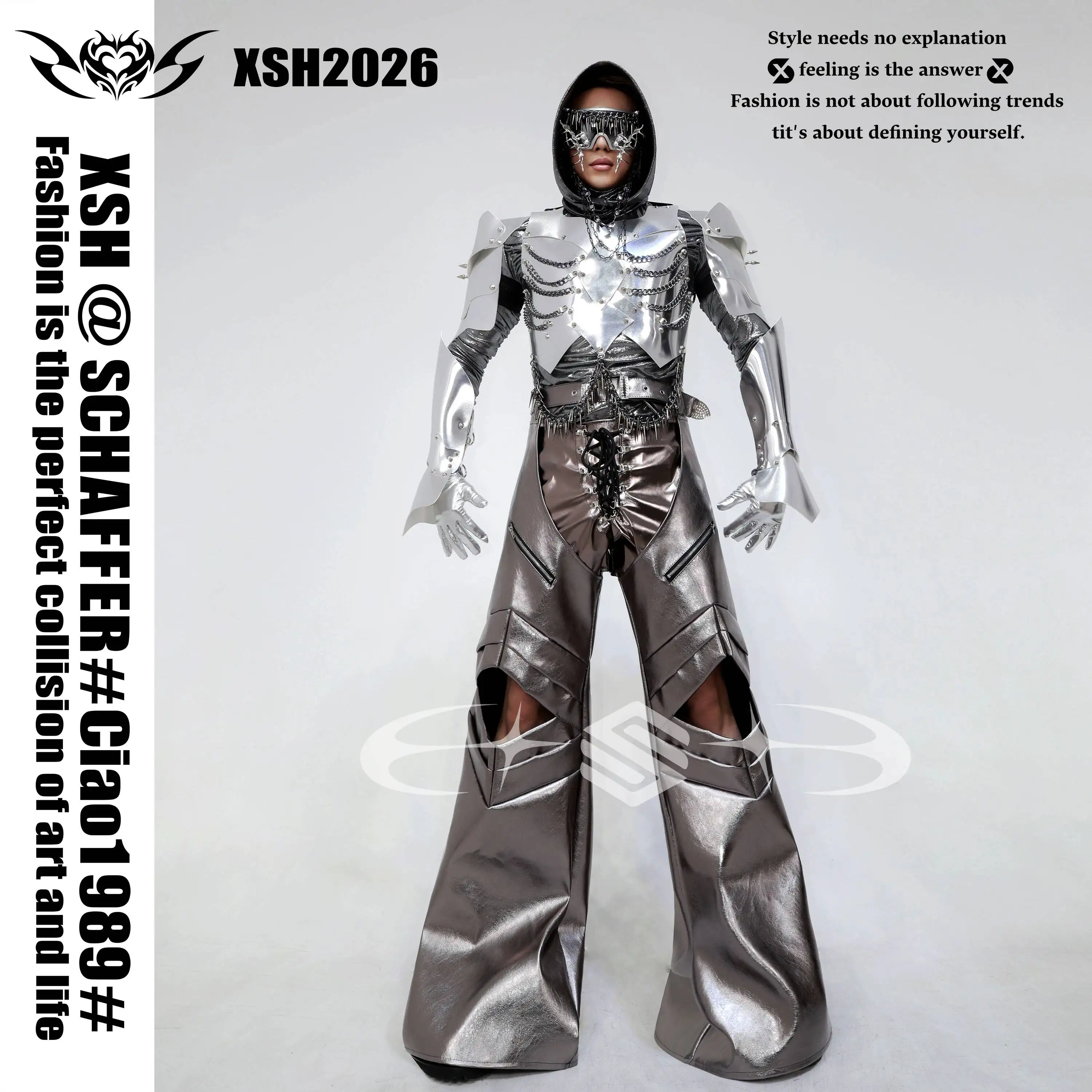 Halloween Silver Grey Royal Queen Cloak Performance Costume Metal Armor Crown Cloak Future Temple Style GOGO Stage Set view 2