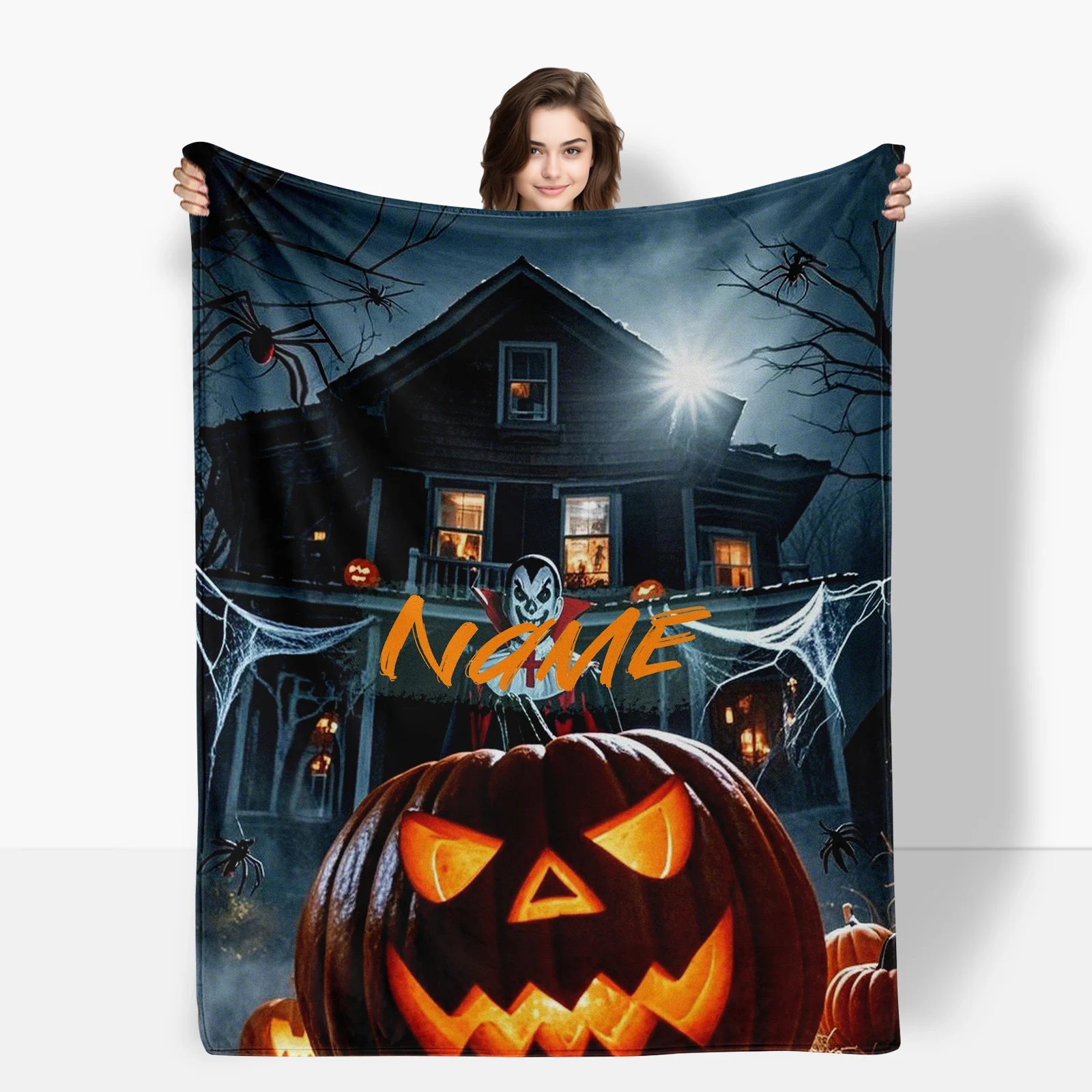 New Halloween Home Decor, Flannel Blanket With Pumpkin Lantern And Castle, Supports Text Customization