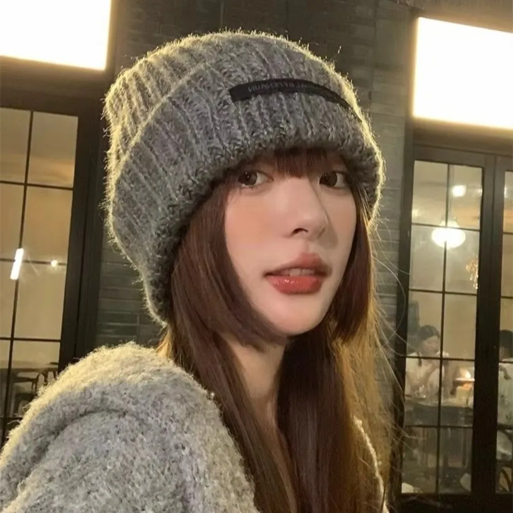 자수 레터링 니트 모자 따뜻한 단색 힙합 캡 부드러운 스키 모자 여성 남성용